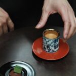 Blue and white pine, bamboo and plum espresso cup