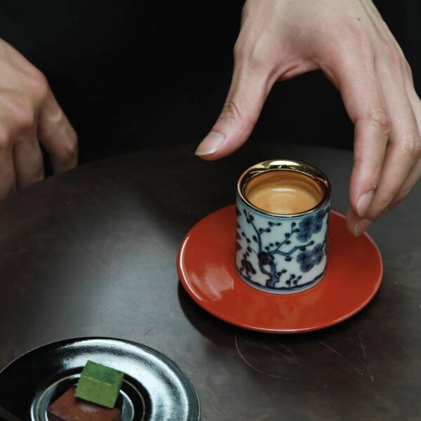 Blue and white pine, bamboo and plum espresso cup