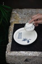 Blue and White Bamboo Joint Poetry Hand-made Flat Teapot Stand - Image 4