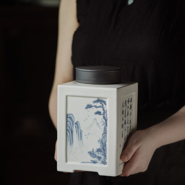 Blue and White Landscape Poetry Large Tea Caddy