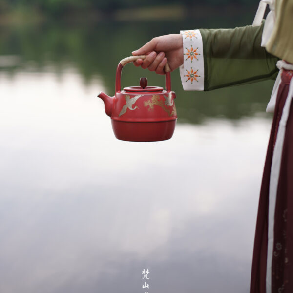 Gold and Silver Painted Pine Crane Hawthorn Red Rock Clay Wenqu Teapot
