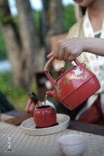 Gold and Silver Painted Pine Crane Hawthorn Red Rock Clay Wenqu Teapot - Image 3