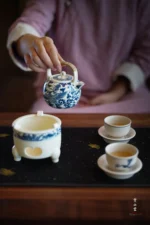 Soda Glaze Blue and White Harmony Phoenix Small Round Teapot