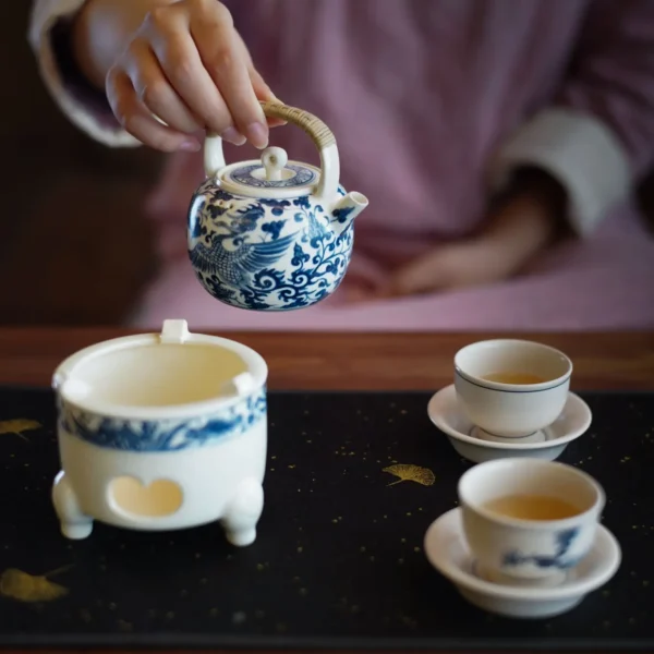 Soda Glaze Blue and White Harmony Phoenix Small Round Teapot