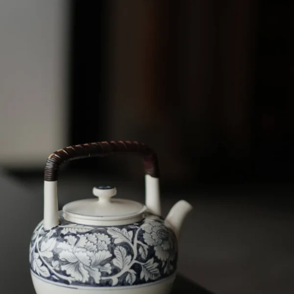 Soda Glaze Blue and White Peony Small Wujing Teapot