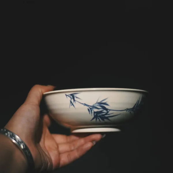 Soda Glaze Blue and White Poetry Bamboo Leaf Bowl-shaped Teapot Stand