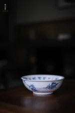 Soda Glaze Blue and White Poetry Bamboo Leaf Bowl-shaped Teapot Stand - Image 2