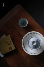 Soda Glaze Blue and White Poetry Bamboo Leaf Bowl-shaped Teapot Stand - Image 4