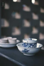 Soda Glaze Blue and White Poetry Bamboo Leaf Bowl-shaped Teapot Stand - Image 6