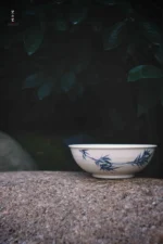 Soda Glaze Blue and White Poetry Bamboo Leaf Bowl-shaped Teapot Stand - Image 7