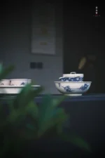 Soda Glaze Blue and White Poetry Bamboo Leaf Bowl-shaped Teapot Stand - Image 8